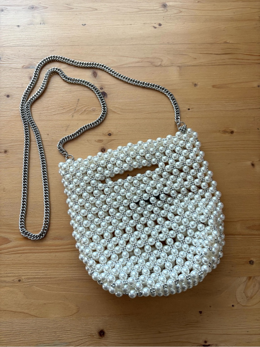 Forever 21 Pearl Beaded Crossbody Bag with Silver Chain Strap